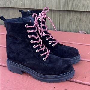 Anthropologie Black Suede Laceup Boots with Red Laces